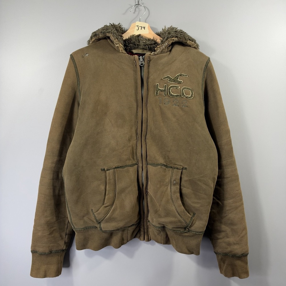 Y2K Hollister Jacket Mens Small Brown Faux Fur Sherpa Lined Hooded Full Zip